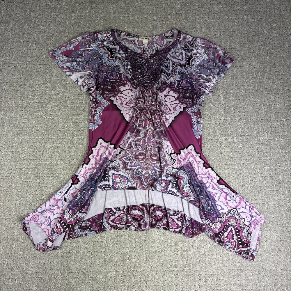 VTG Y2K World Unity Whimsigoth Paisley Tunic Top Beaded Flutter Sleeve Boho M